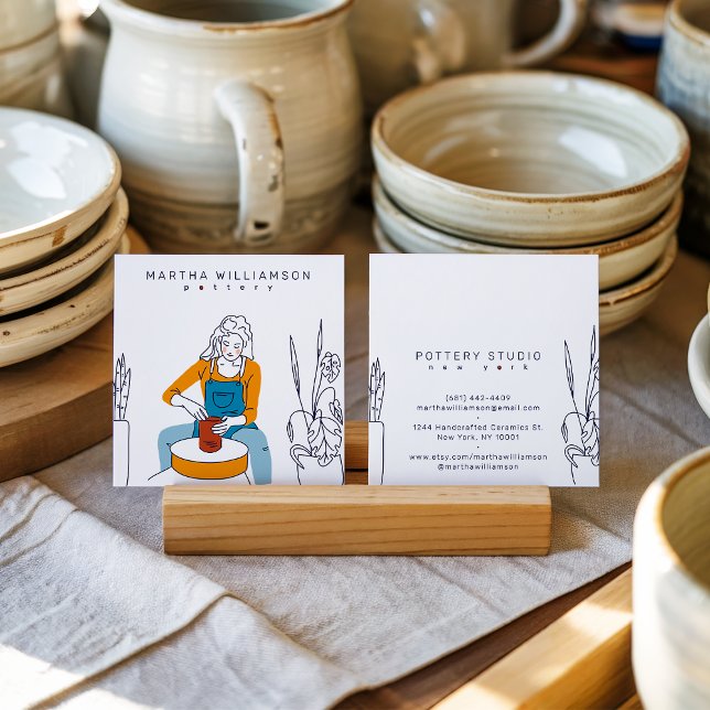 Minimal yellow blue woman illustration pottery square business card