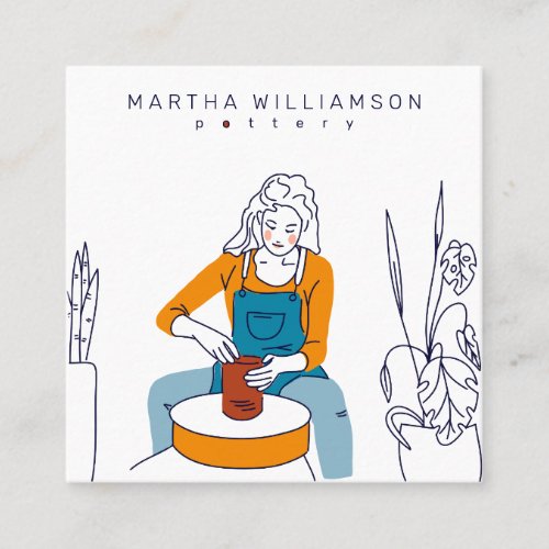 Minimal yellow blue woman illustration pottery square business card