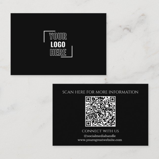 Minimal Your Logo Here Black and White QR Code Business Card (Front/Back)