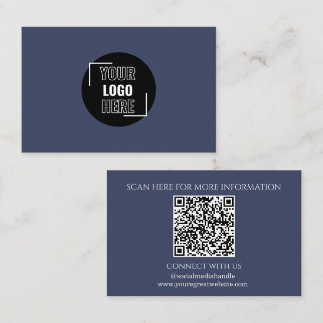Minimal Your Logo Here Navy Blue QR Code Business Card (Front/Back)