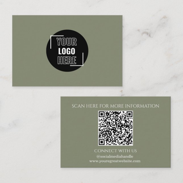 Minimal Your Logo Here Sage Green QR Code Business Card (Front/Back)