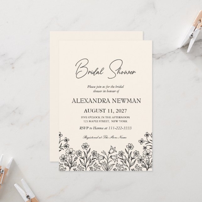 Minimalis Floral Ivory Bridal Shower Invitation (Front/Back In Situ)