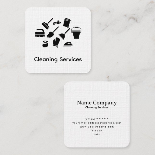 minimalis simbolik cleaning services black white square business card (Front/Back)