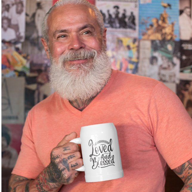 Minimalism Black White Loved and Blessed Beer Stein (Creator Uploaded)