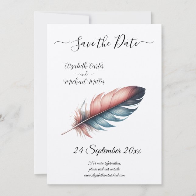  Minimalism Blush Feather Elegant Wedding Save The Date (Front)