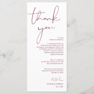 Minimalism Burgundy Script Place Setting Thank You Program