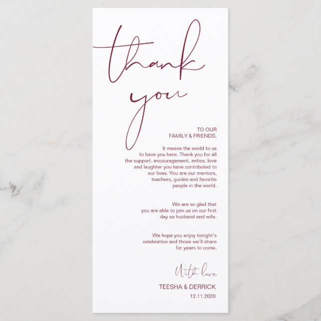 Minimalism Burgundy Script Place Setting Thank You Program (Front)