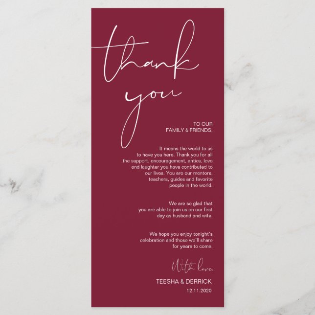 Minimalism Burgundy Script Place Setting Thank You Program (Front)