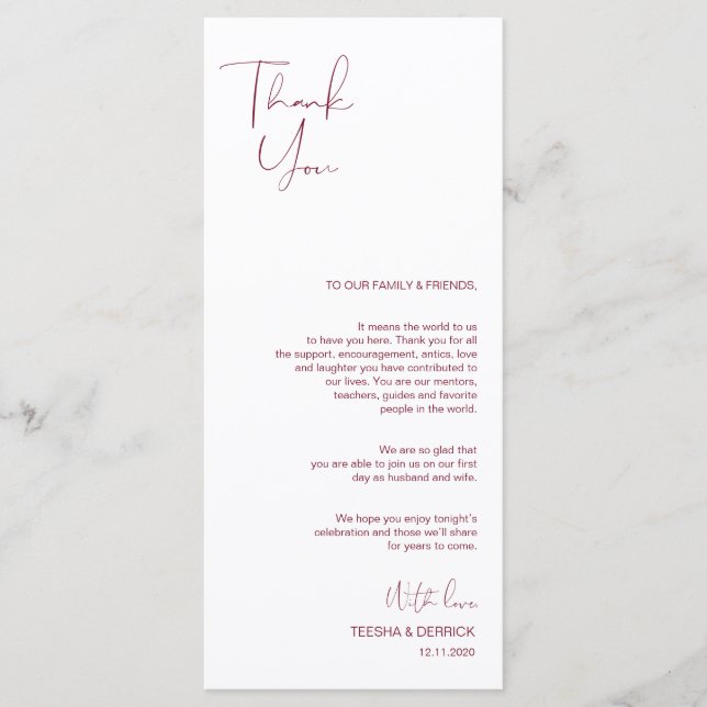 Minimalism Burgundy Script Place Setting Thank You Program (Front)