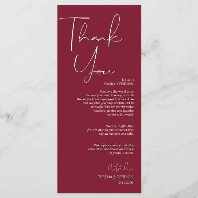 Minimalism Burgundy Script Place Setting Thank You Program (Front)
