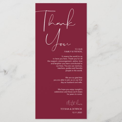 Minimalism Burgundy Script Place Setting Thank You Program