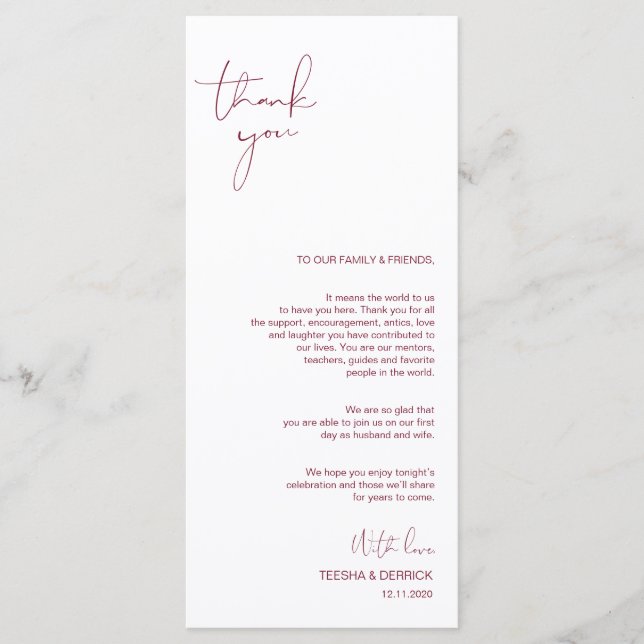 Minimalism Burgundy Script Place Setting Thank You Program (Front)