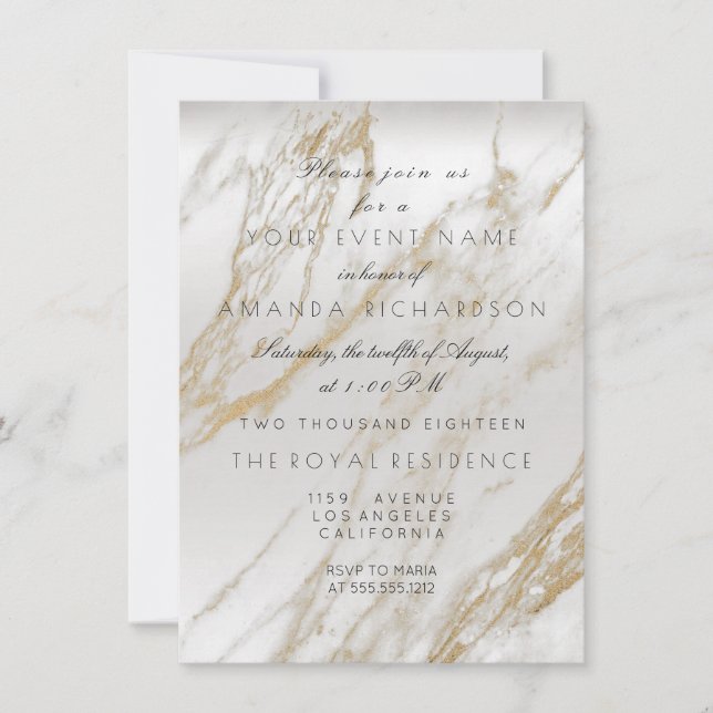 Minimalism Gold White Gray Marble Silver Metallic Invitation (Front)