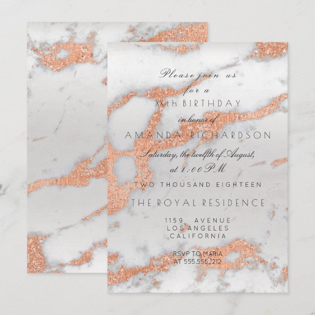 Minimalism Gray Marble Rose Gold Copper Birthday Invitation (Front/Back)