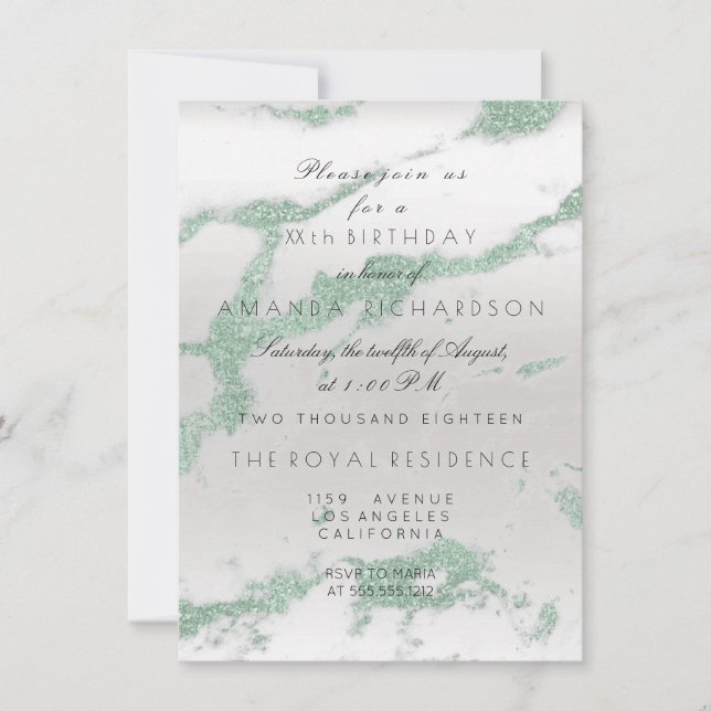 Minimalism Gray Marble Silver Mint Green Birthay Invitation (Front)