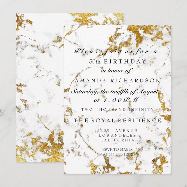 Minimalism Gray White Marble Gold Birthday Invitation (Front/Back)