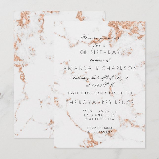 Minimalism Gray White Marble Rose Copper Birthday Invitation (Front/Back)