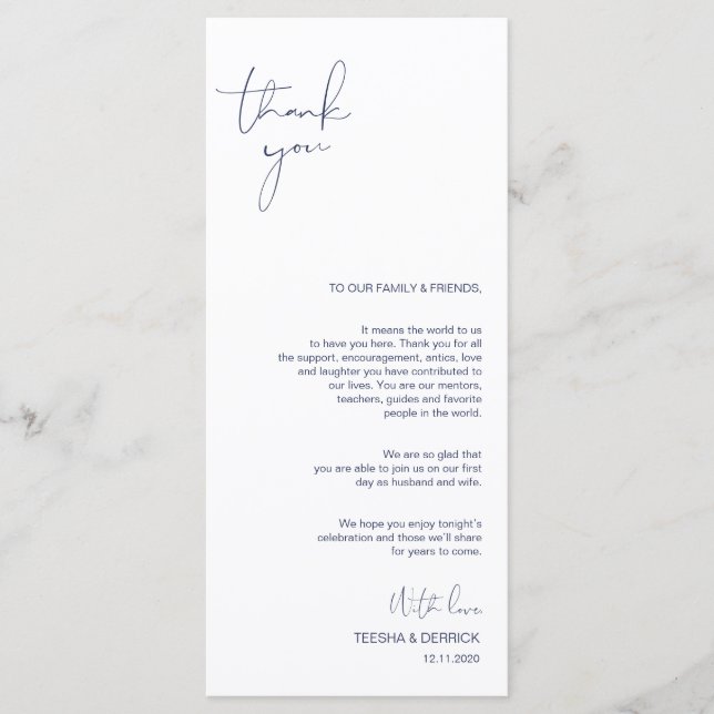 Minimalism Navy Script Place Setting Thank You Program (Front)