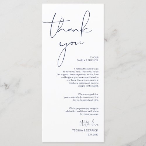 Minimalism Navy Script Place Setting Thank You Program