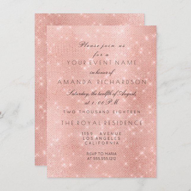 Minimalism Rose Pink Blush Sparkly Gold Birthday Invitation (Front/Back)