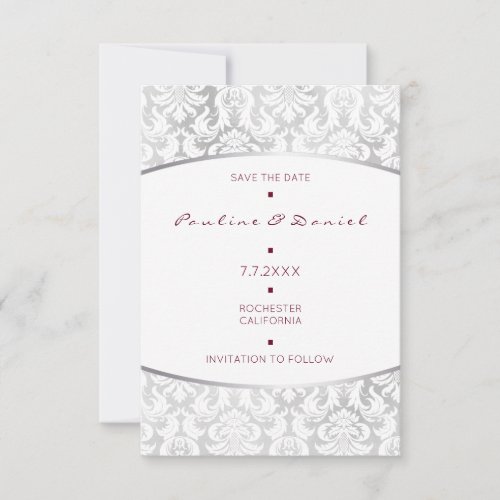 Minimalism Save The Date Silver Red Damask