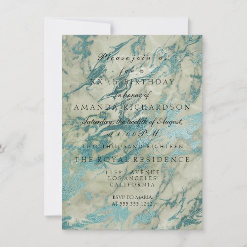 Minimalism Teal Green Gray Marble  Birthday Party Invitation