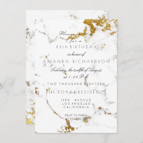 Minimalism White Carrara Marble Gold Birthday Invitation