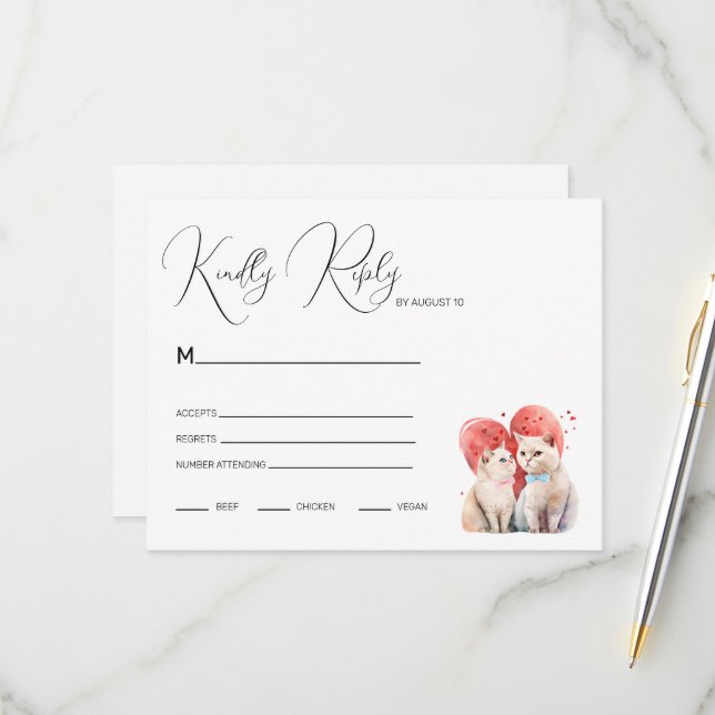 Minimalism with a Cats Wedding RSVP Card (Front/Back In Situ)