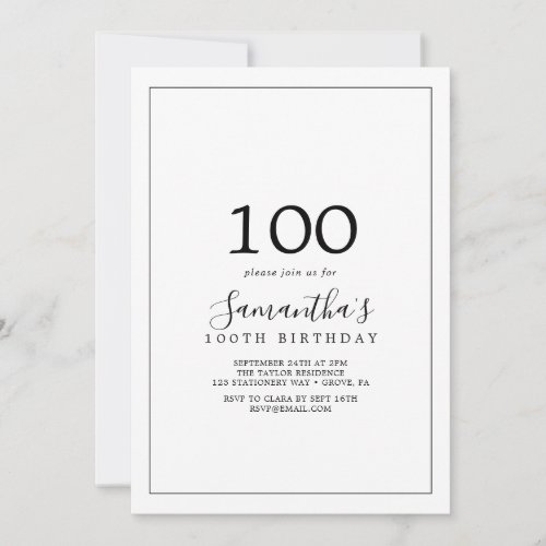 Minimalist 100th Birthday Invitation