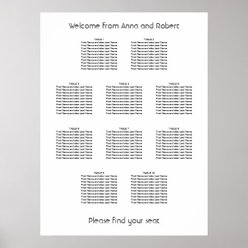 Minimalist 10 Table Wedding Seating Chart