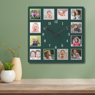 Minimalist 12 Family Photo Collage Forest Green Square Wall Clock