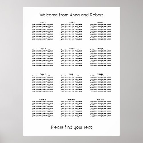 Minimalist 12 Table Wedding Seating Chart