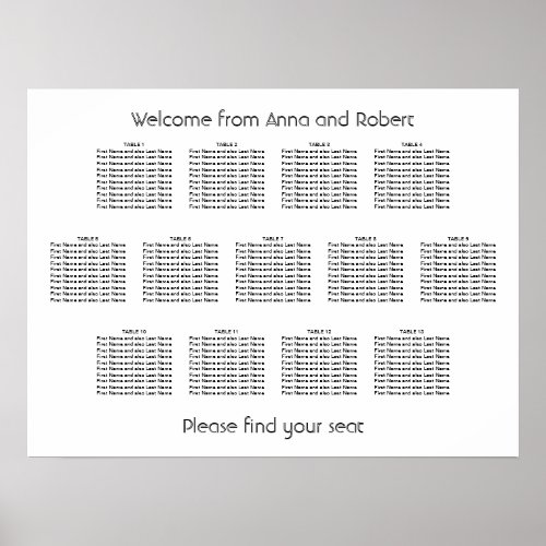 Minimalist 13 Table Wedding Seating Chart