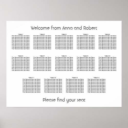 Minimalist 14 Table Wedding Seating Chart