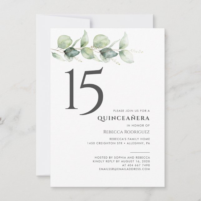 Minimalist 15th Birthday Eucalyptus Quinceanera Invitation (Front)