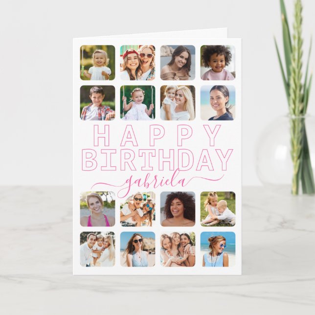 Minimalist 16-Photo Grid Birthday Card – Modern Gr (Front)