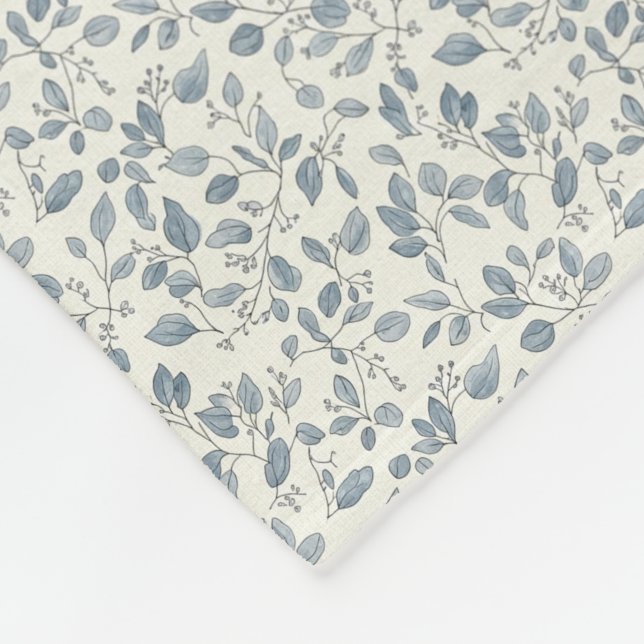 Minimalist 1940s Eucalyptus Slate Blue Sprig Fleece Blanket (Corner)