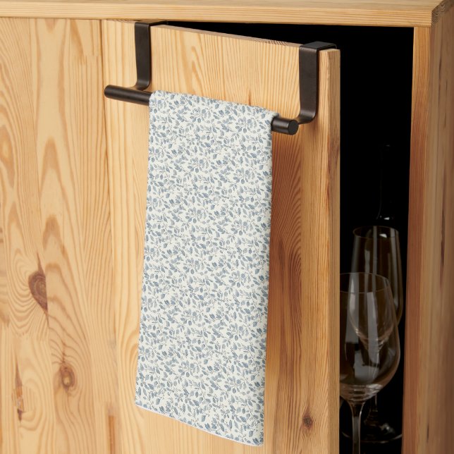 Minimalist 1940s Eucalyptus Slate Blue Sprig Kitchen Towel (Thirds Fold)
