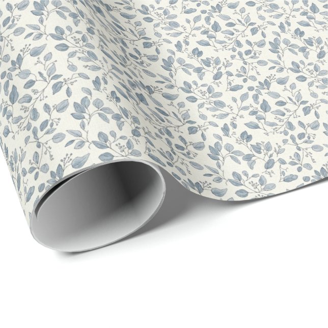 Minimalist 1940s Eucalyptus Slate Blue Sprig Wrapping Paper (Roll Corner)