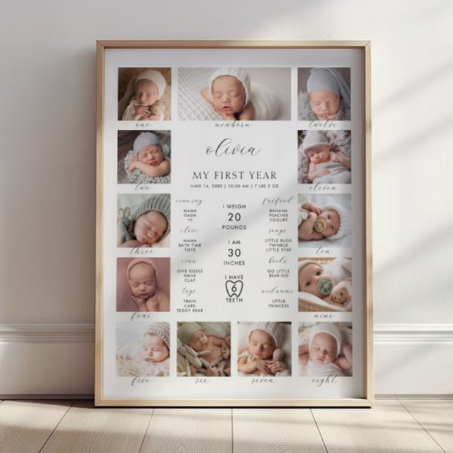 Minimalist 1st Birthday Milestone Photo Collage Poster (Creator Uploaded)
