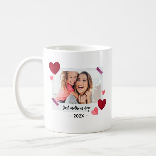 Minimalist 1st Mothers Day Photo Gift with Hearts Coffee Mug