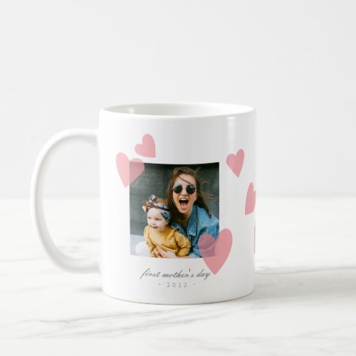 Minimalist 1st Mothers Day Photo Gift with Hearts Coffee Mug