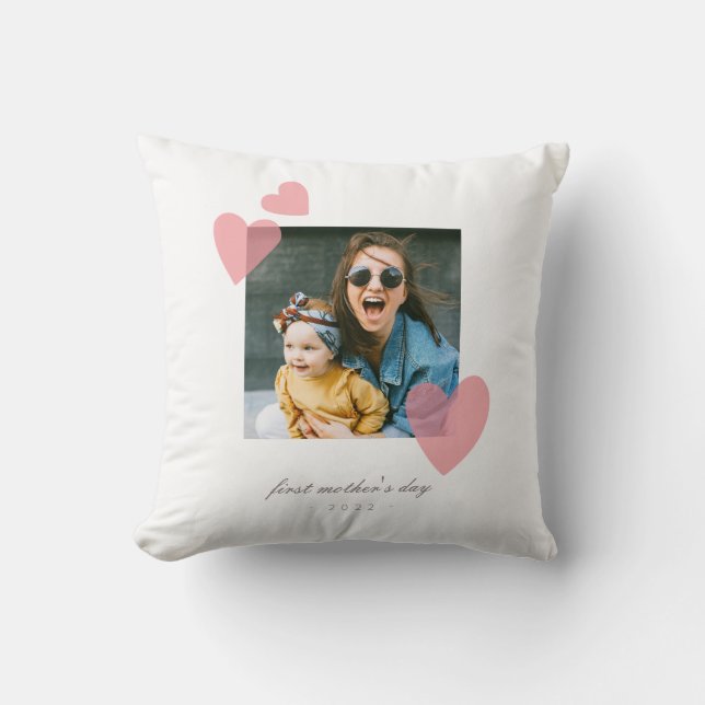 Minimalist 1st Mother's Day Photo Gift with Hearts Throw Pillow (Front)