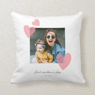 Minimalist 1st Mother's Day Photo Gift with Hearts Throw Pillow