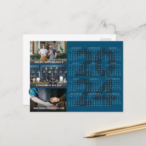 Minimalist 2024 Calendar Blue New Year 3 Photo Holiday Postcard