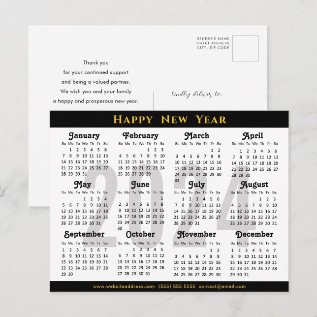 Minimalist 2024 Calendar Modern Black Corporate Holiday Postcard (Front/Back)