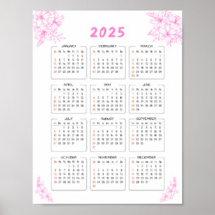 Minimalist 2025 Wall Calendar Pink Floral Poster 