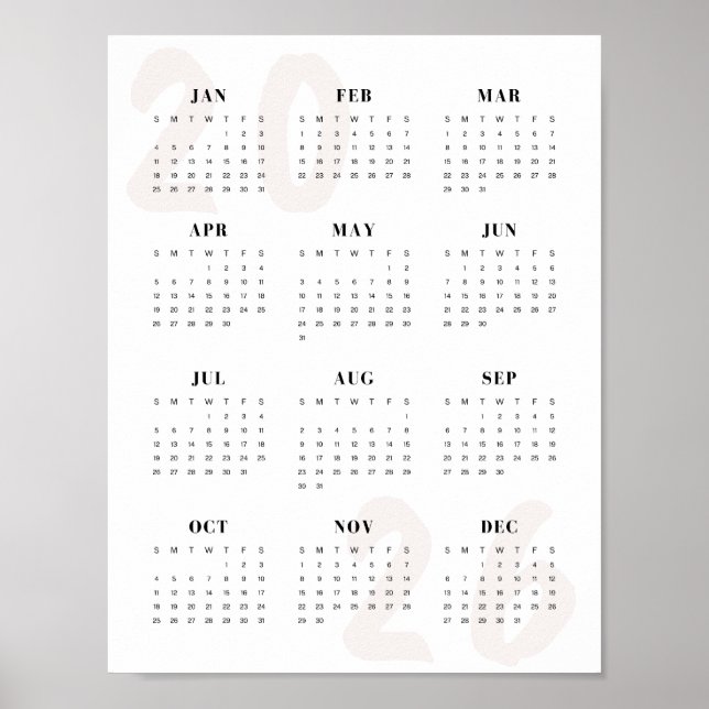 Minimalist 2026 One-Page Calendar Clean Modern  Poster (Front)