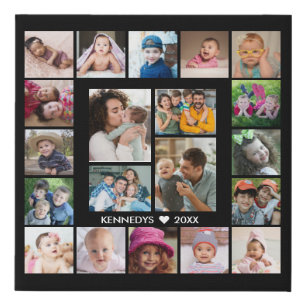 Minimalist 20 Photo Collage Grid Family Name Black Faux Canvas Print