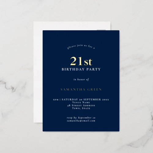 Minimalist 21st Birthday Party Navy Blue Glam  Foil Invitation Postcard